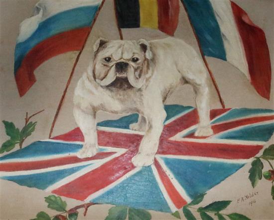 Great War Interest, oil on canvas, Bulldog and allied flags dated 1915